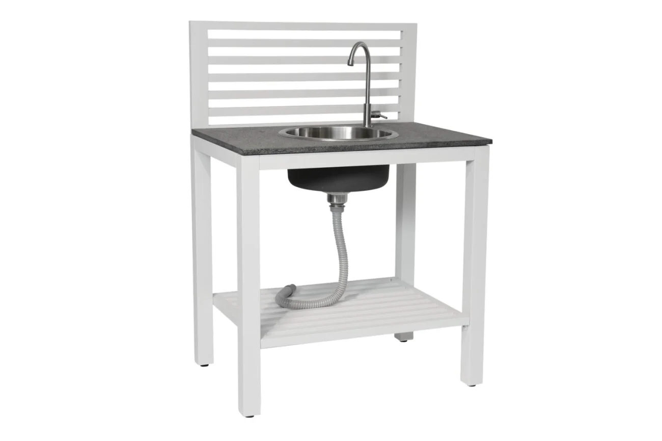 Outdoor Küche Bellac von Brafab aus Aluminium und Stein, modern mit Edelstahl-Waschbecken, weiß