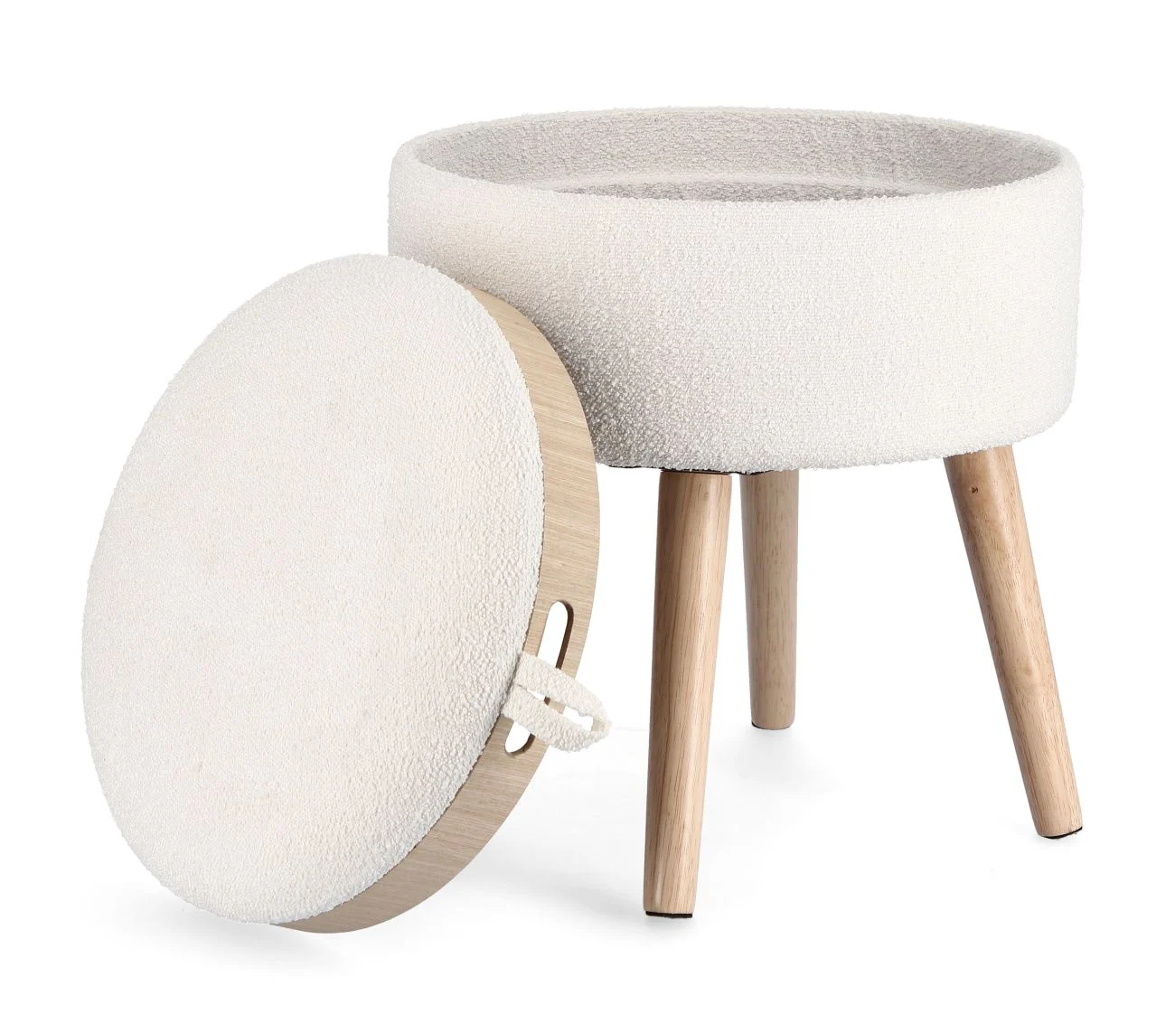 Hocker Zoya aus Bouclè-Stoff, modern mit Stauraum und Tablett, Weiß, rund, von Bizzotto