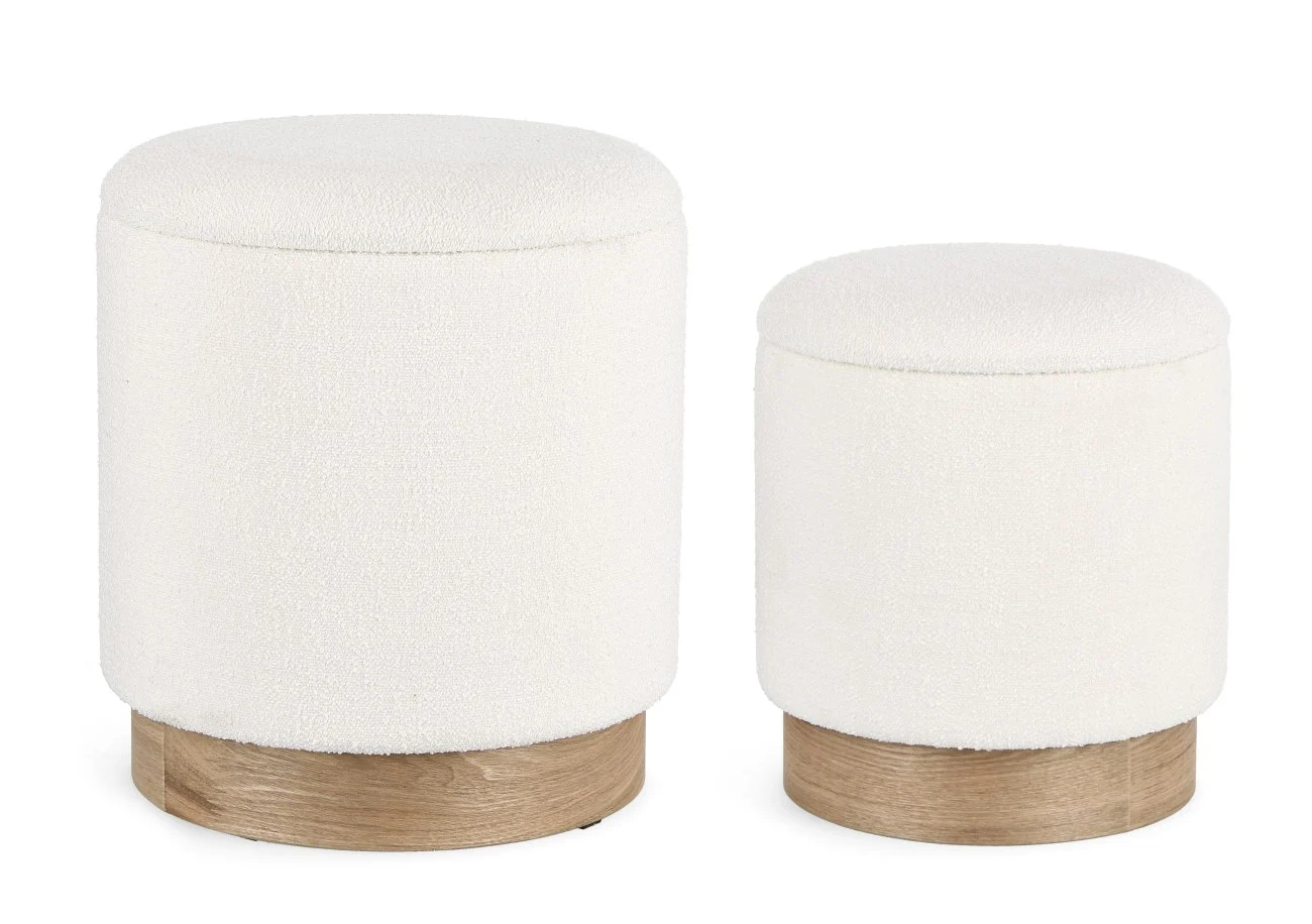 Pouf Zoya 2er-Set aus Stoff, modern mit Stauraum, rund, Weiß, Eschenholz-Gestell