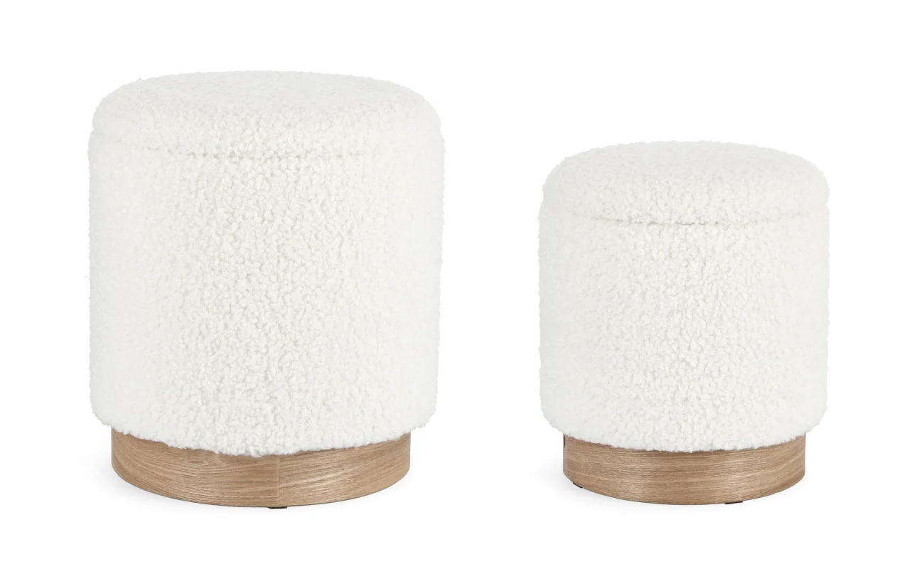 Pouf Zoya 2er-Set aus Teddy-Stoff, modern, Weiß, mit Stauraum und Eschenholz-Details