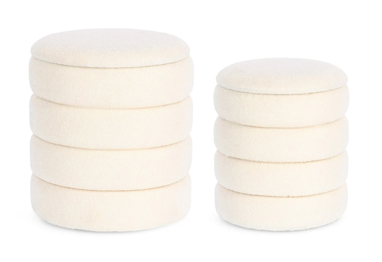 Pouf Katerina 2er-Set aus Boucle-Stoff, rundes Design mit Stauraum, weiß, weich gepolstert
