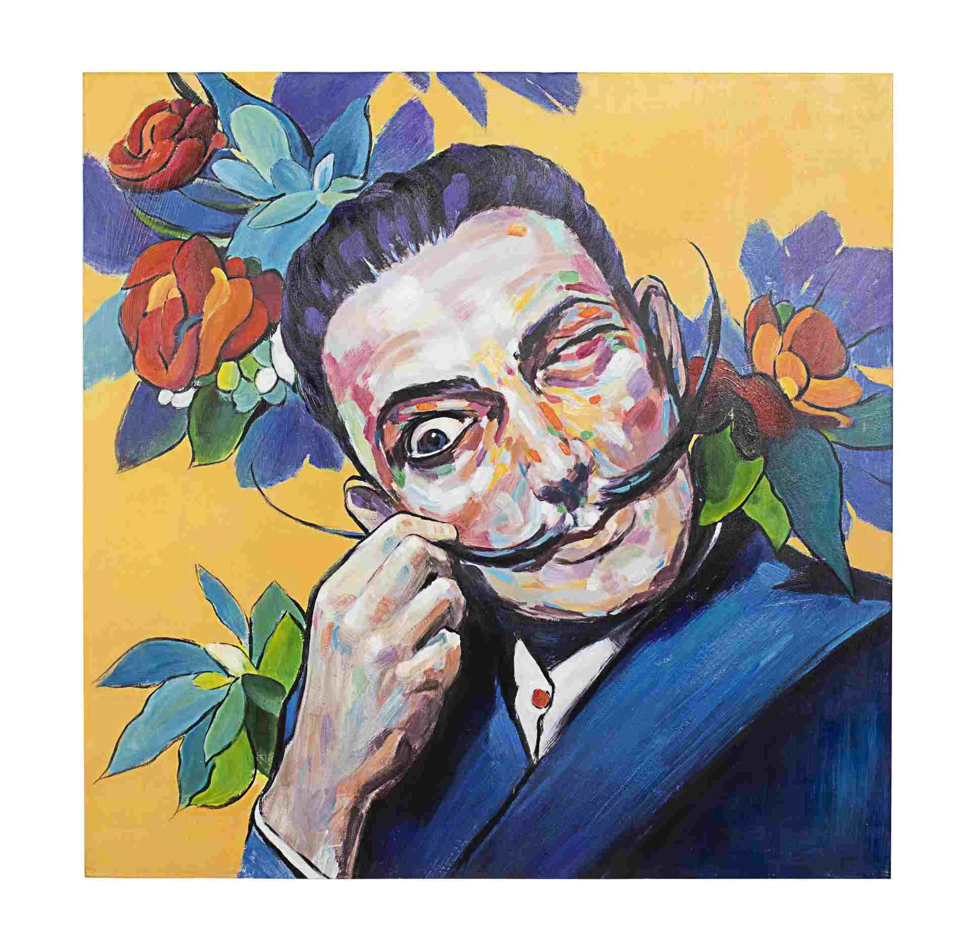 Bild Ölgemälde Salvador Dali, klassische Leinwand, bunt blau, 100x100 cm, Kiefernholz - Bizzotto