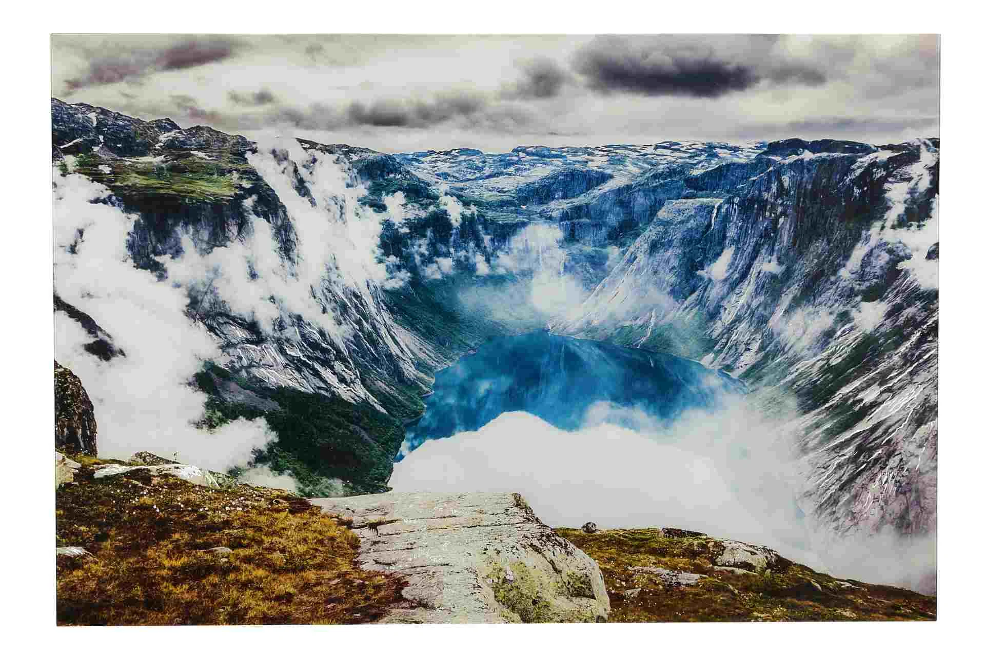 Bild Gemälde Mountain View aus Glas, modern, blau im Querformat, 120x80 cm, von Bizzotto