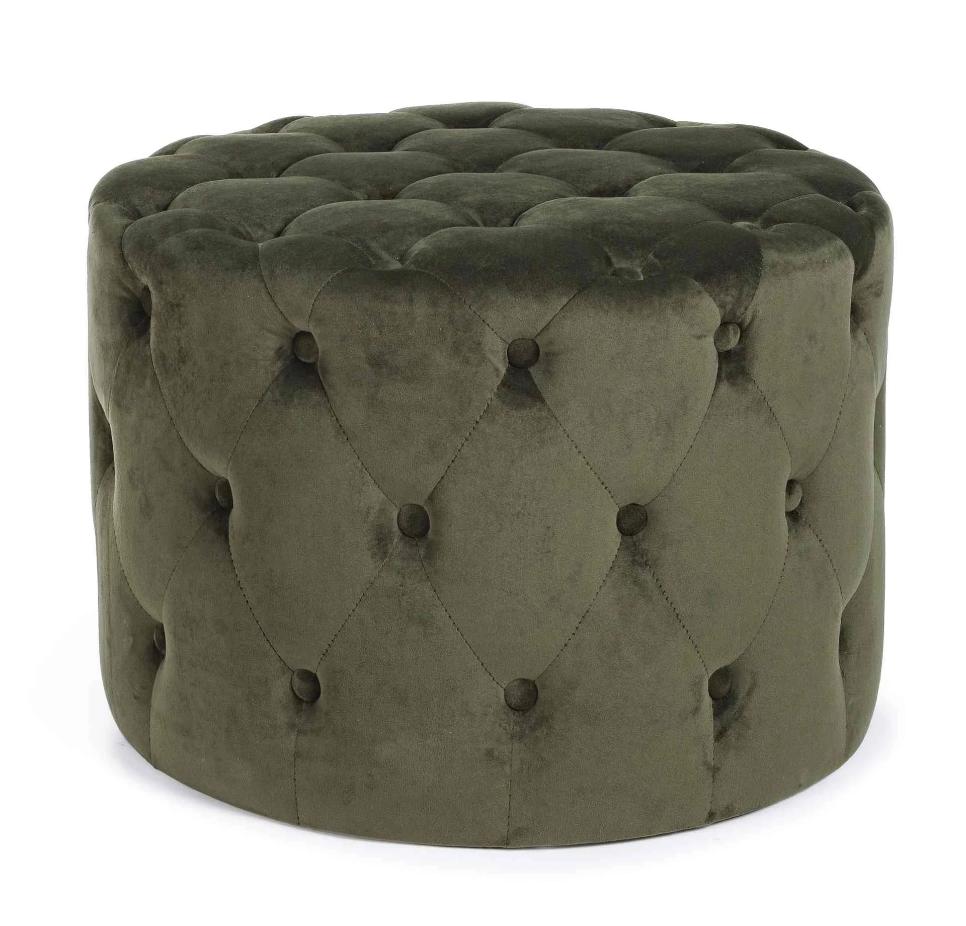 Pouf Lorella Samt-Optik, modern gepolstert, rund, grün, weiche elegante Textur