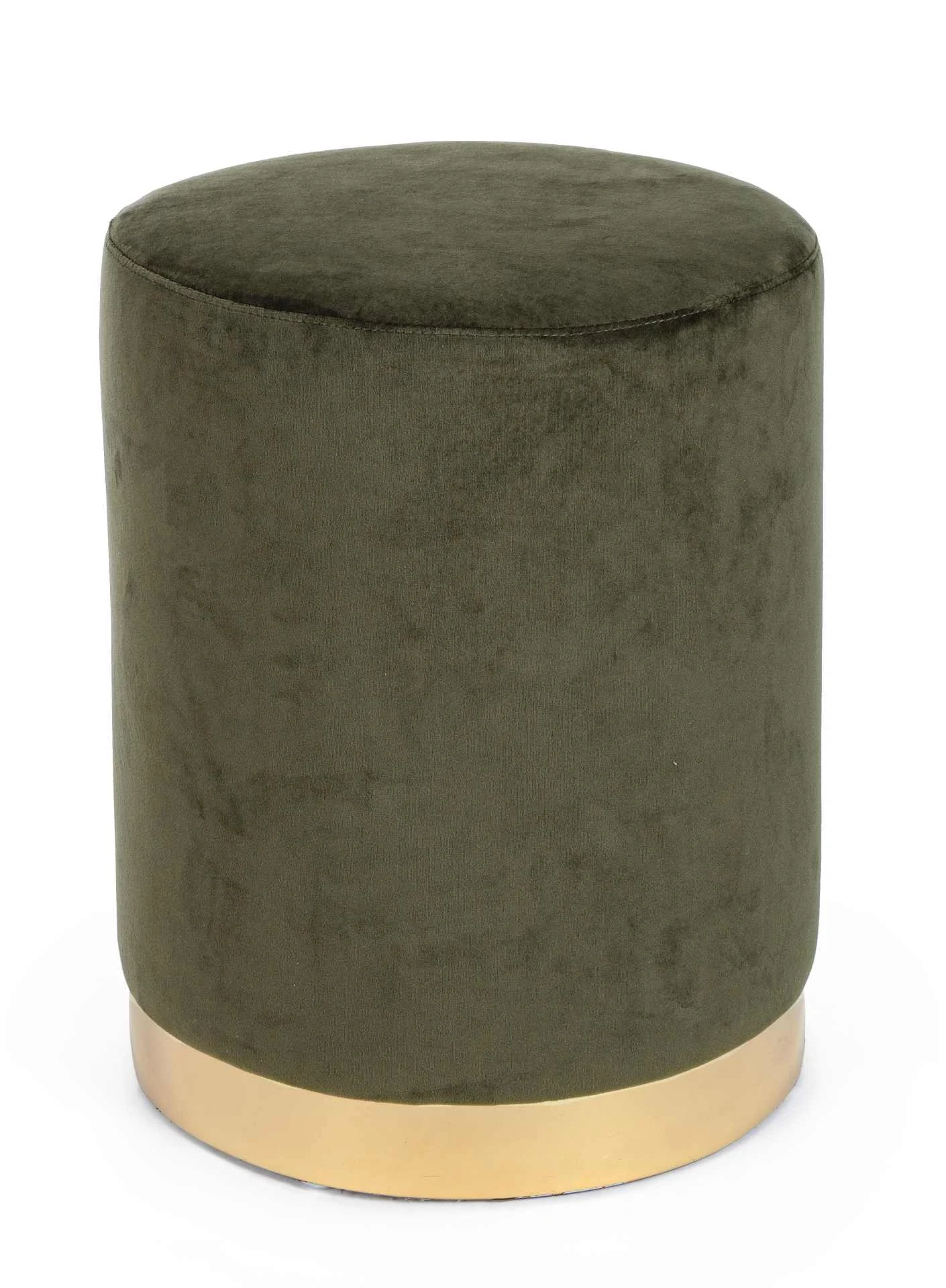 Pouf Lucilla in Samt-Optik, modern gepolstert, rund, waldgrün, goldfarbenes Metallgestell