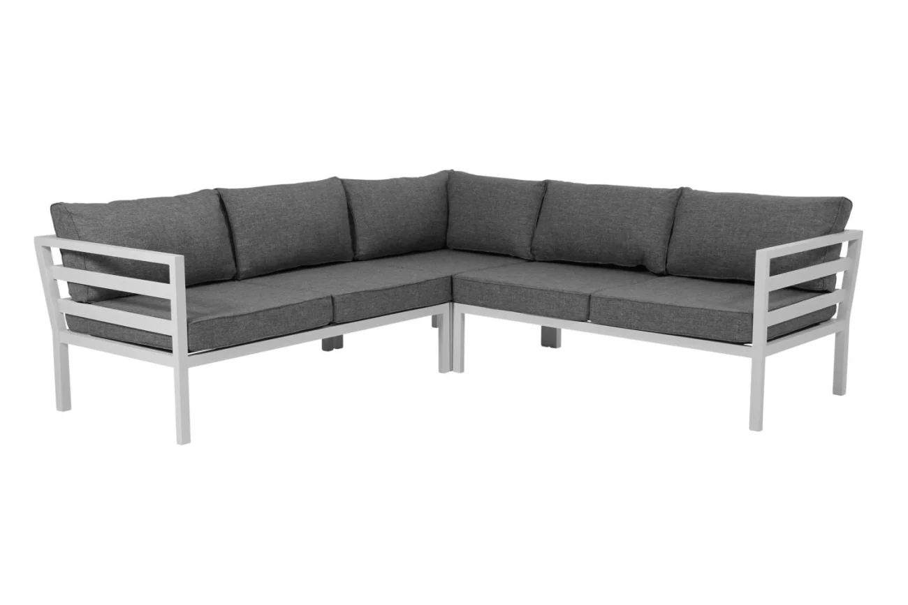 Gartenecksofa Weldon mit Kissen aus Aluminium, modern, weiß-grau, komfortabel für 4–5 Personen