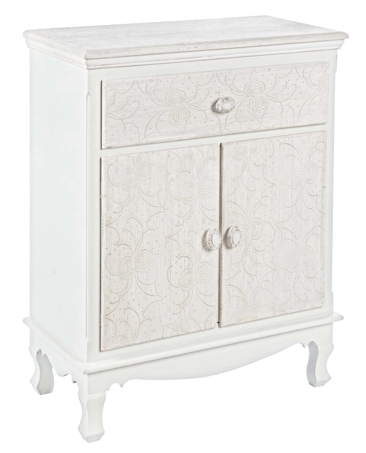 Kommode Clorinne aus MDF, klassischer Stil mit geschnitztem Blumenmuster, weiß, zwei Türen, 60 cm - Bizzotto