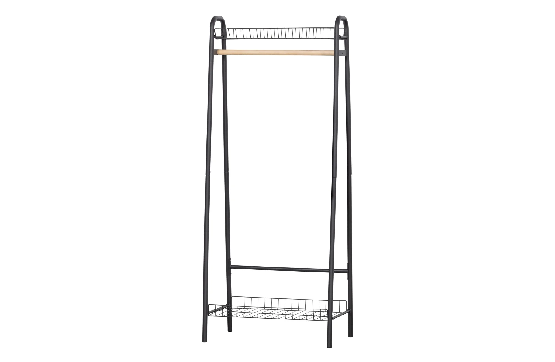 Kleiderständer Jovi aus Metall, Industrial Design, schwarz, mit Holzelementen, platzsparend - Woood