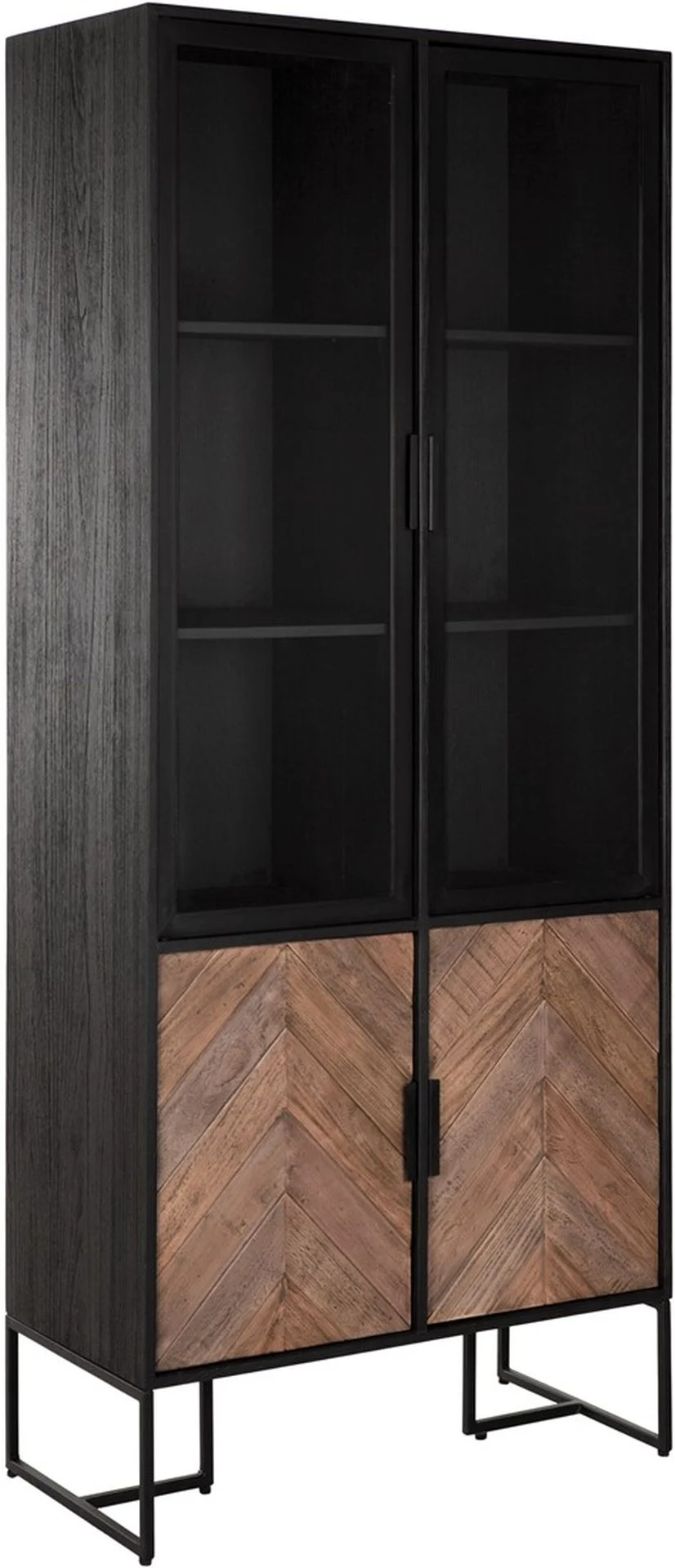 Vitrine Criss Cross aus Teakholz, Industrial Design, natur schwarz, 4 Türen, Metallgestell - dtp Home