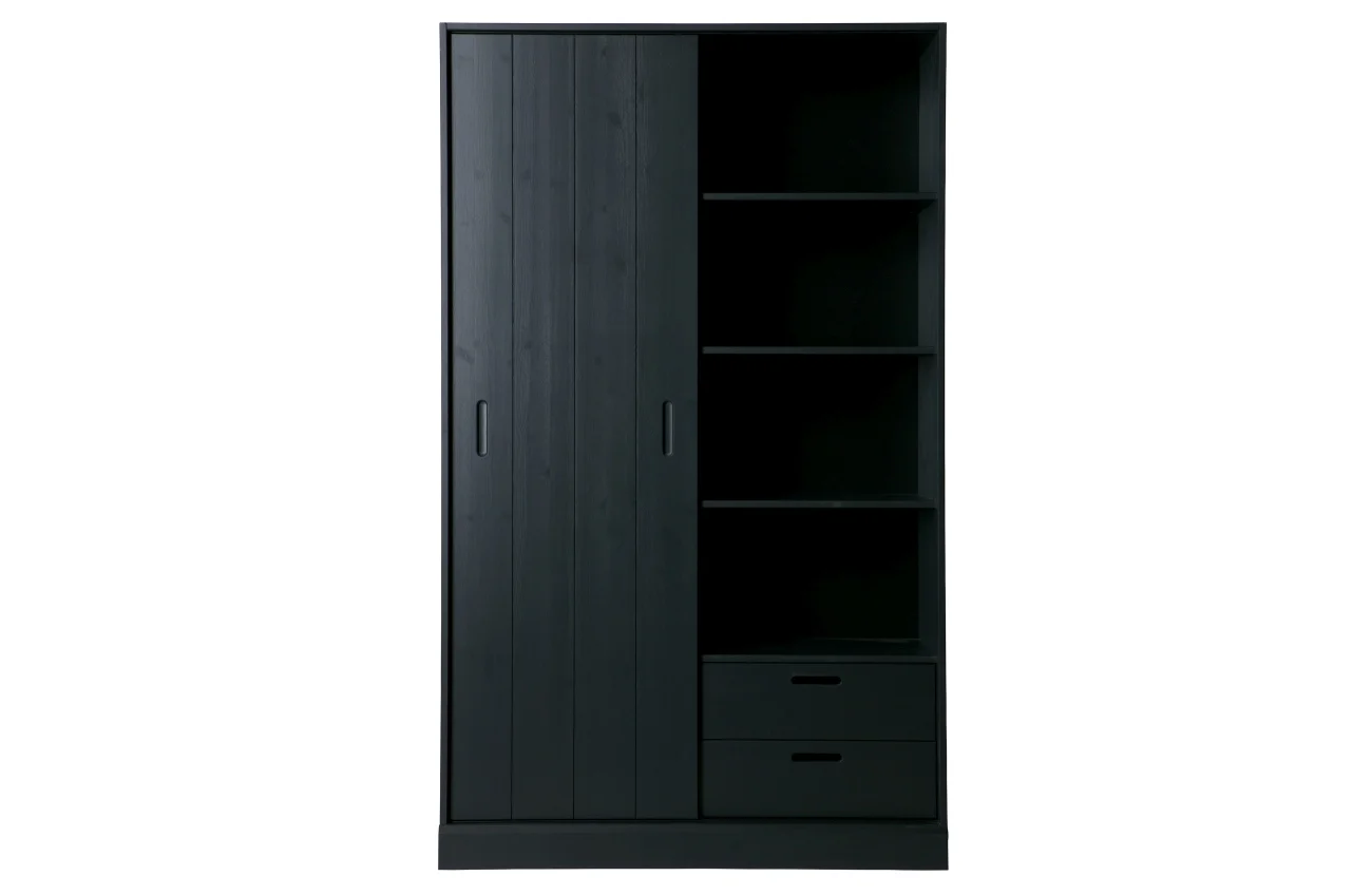 Schiebetürschrank Move aus Kiefernholz, skandinavisches Design, schwarz, FSC-zertifiziert, 120x42x200 cm