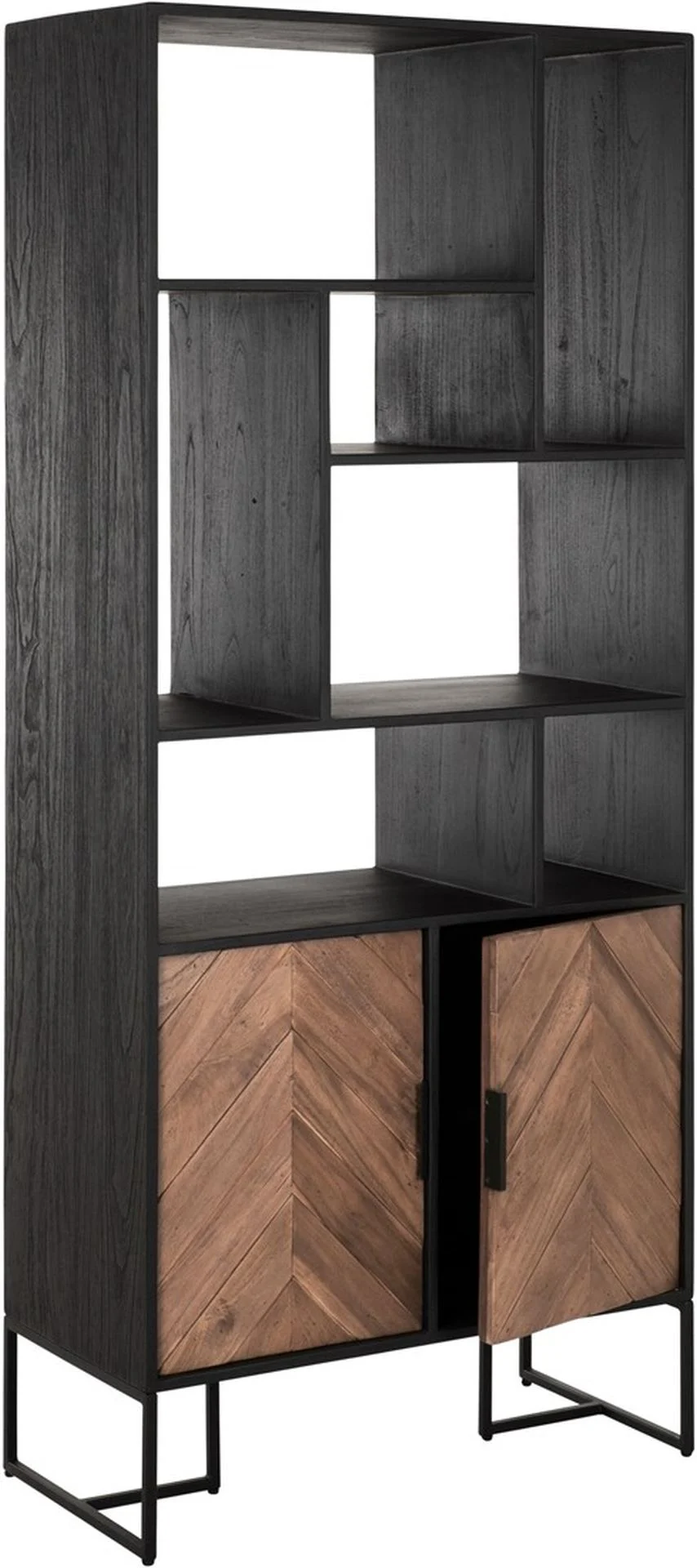 Vitrine Schrank Criss Cross aus Teakholz, modern-massiv, 2 Türen, Natur Schwarz, bereits montiert