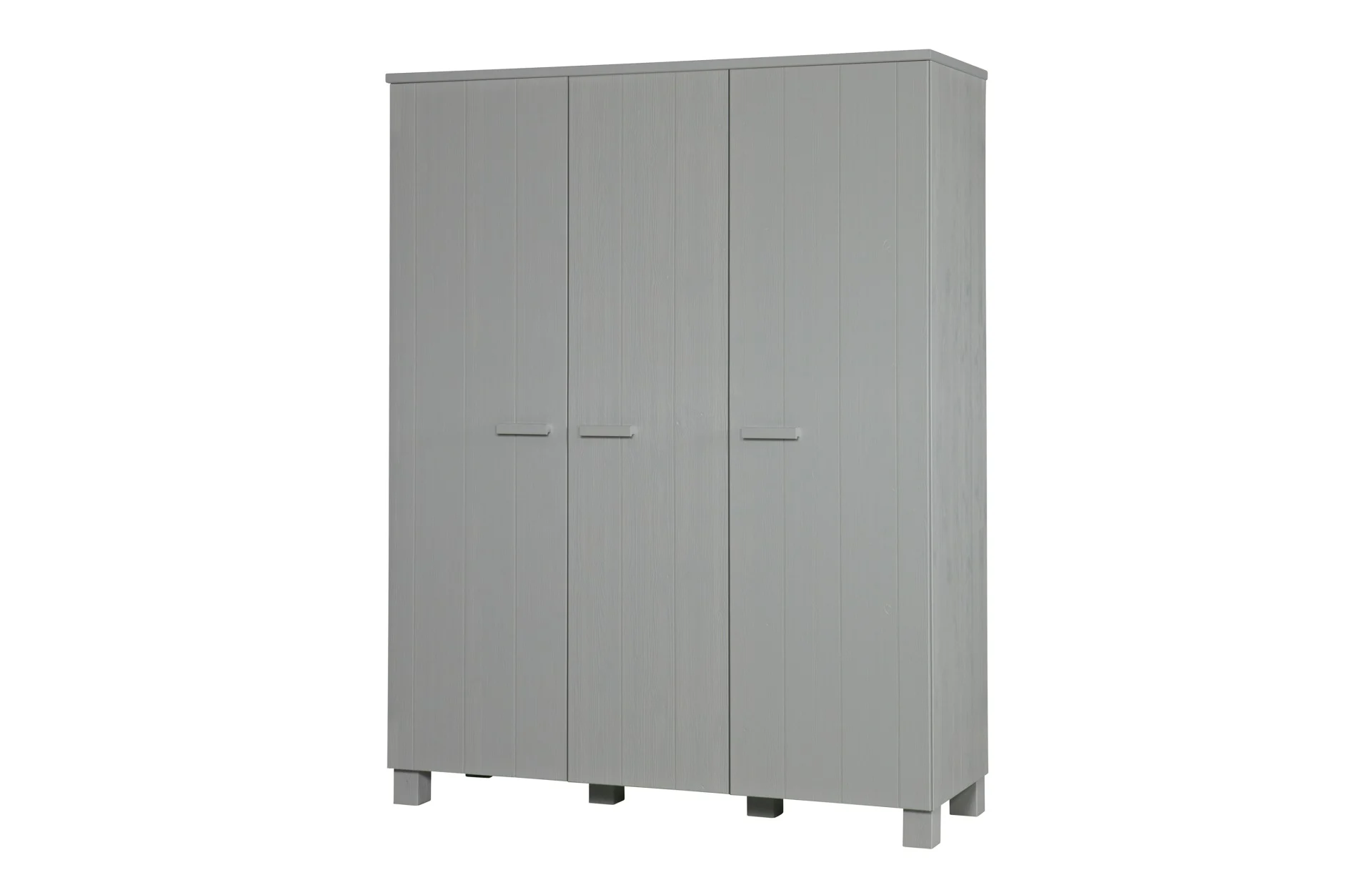 Kleiderschrank Dennis aus Kiefernholz, modernes Design, 3 Türen, hellgrau, großzügiger Stauraum - Woood
