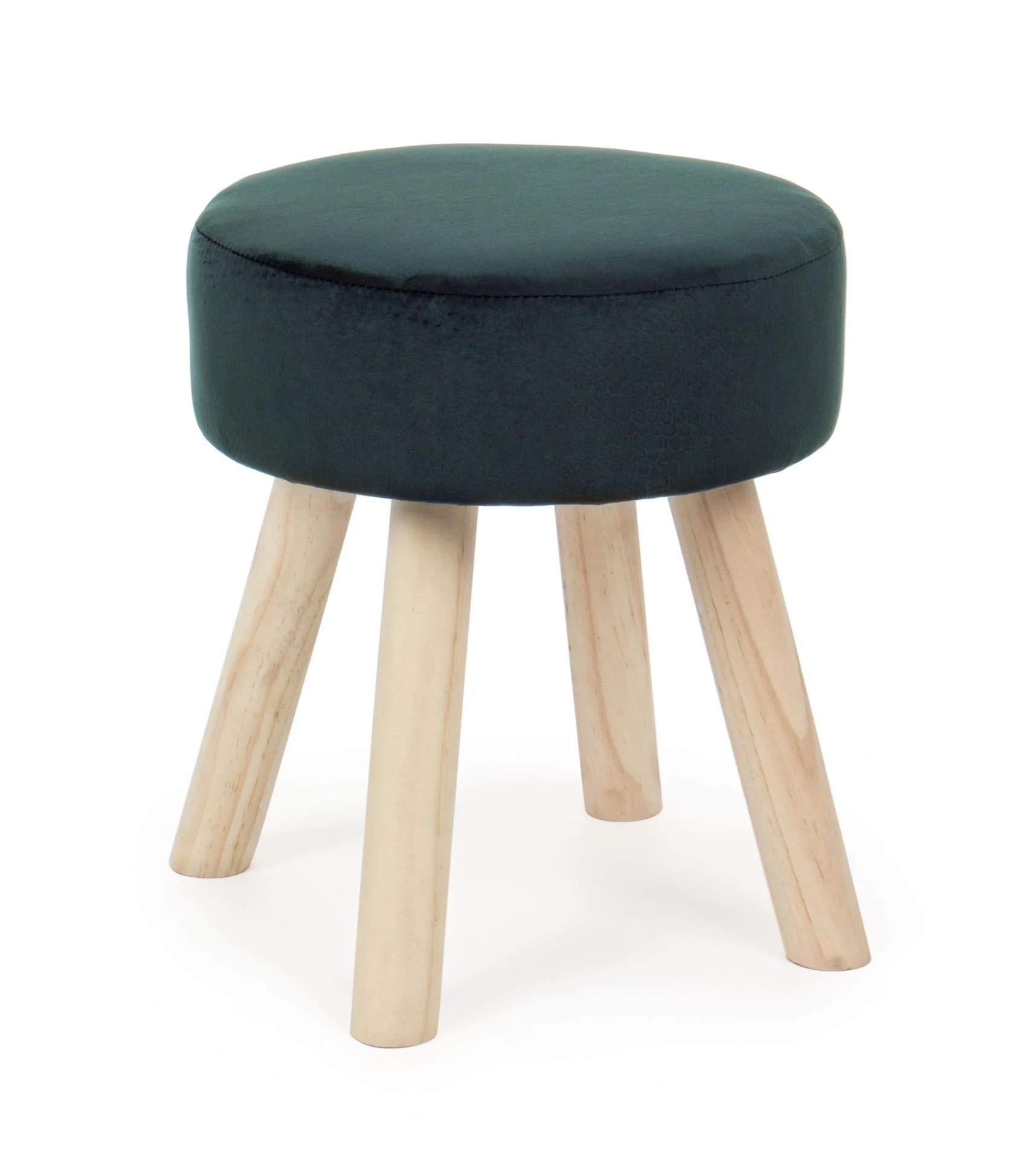 Hocker Adeline Samt-Optik, klassisch gepolstert, grün dunkelgrün, rundes Kiefernholz-Gestell