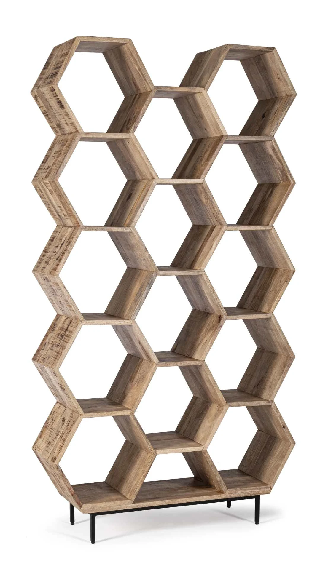 Bücherregal Wahida aus Mangoholz, modern skandinavisch, Natur, Metallgestell schwarz, 15 Fächer - Bizzotto
