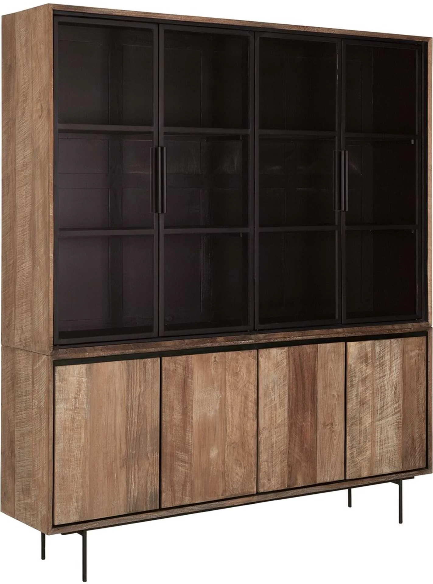 Vitrine Metropole aus Teak und Metall, Industrial Design, natur und schwarz, 4 Türen - dtp Home