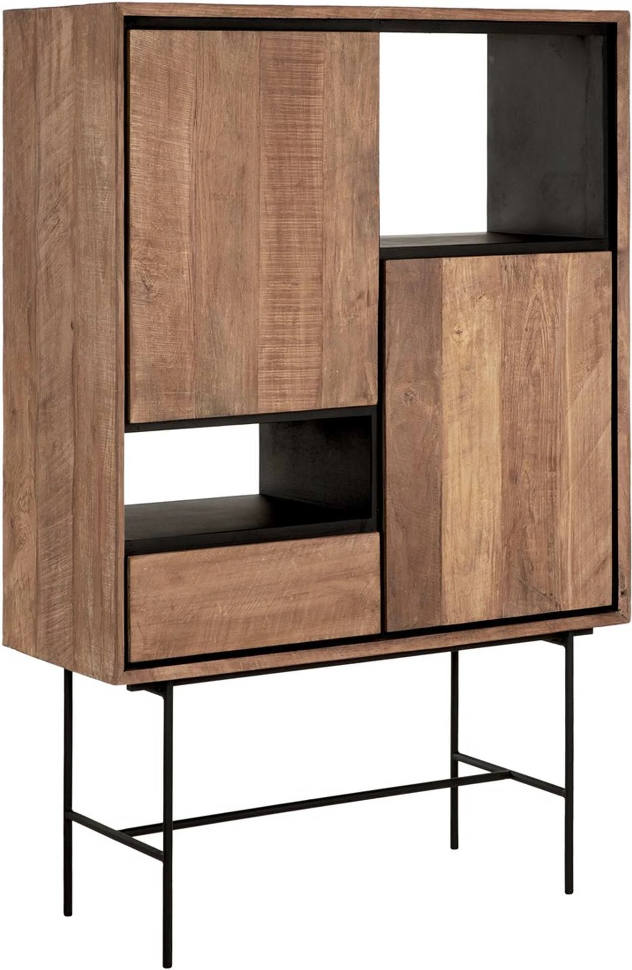 Bücherschrank Metropole Low aus Teakholz, modern massiv, natur, mit Klapptüren und Schublade - dtp Home