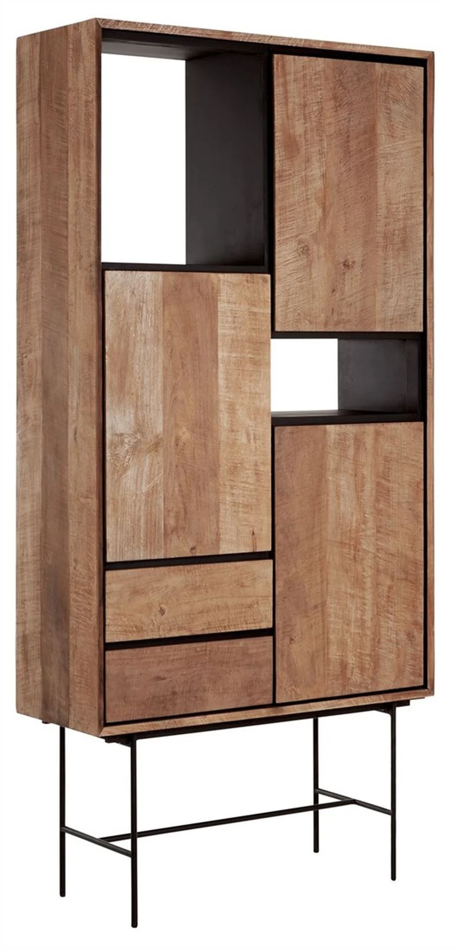 Bücherschrank Metropole High aus Teakholz, modern massiv, natur, Metallgestell, 3 Türen, 2 Schubladen - dtp Home