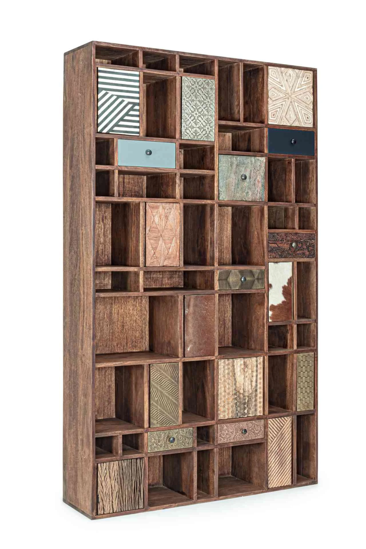 Bücherregal Dhaval aus Mangoholz, klassischer Stil, natur bunt, 7 Schubladen, 10 Türen, Bizzotto