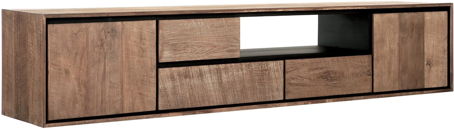 TV-Board Metropole hängend aus Teakholz, modern massiv, natur, 195 cm, schwarzes Metallgestell