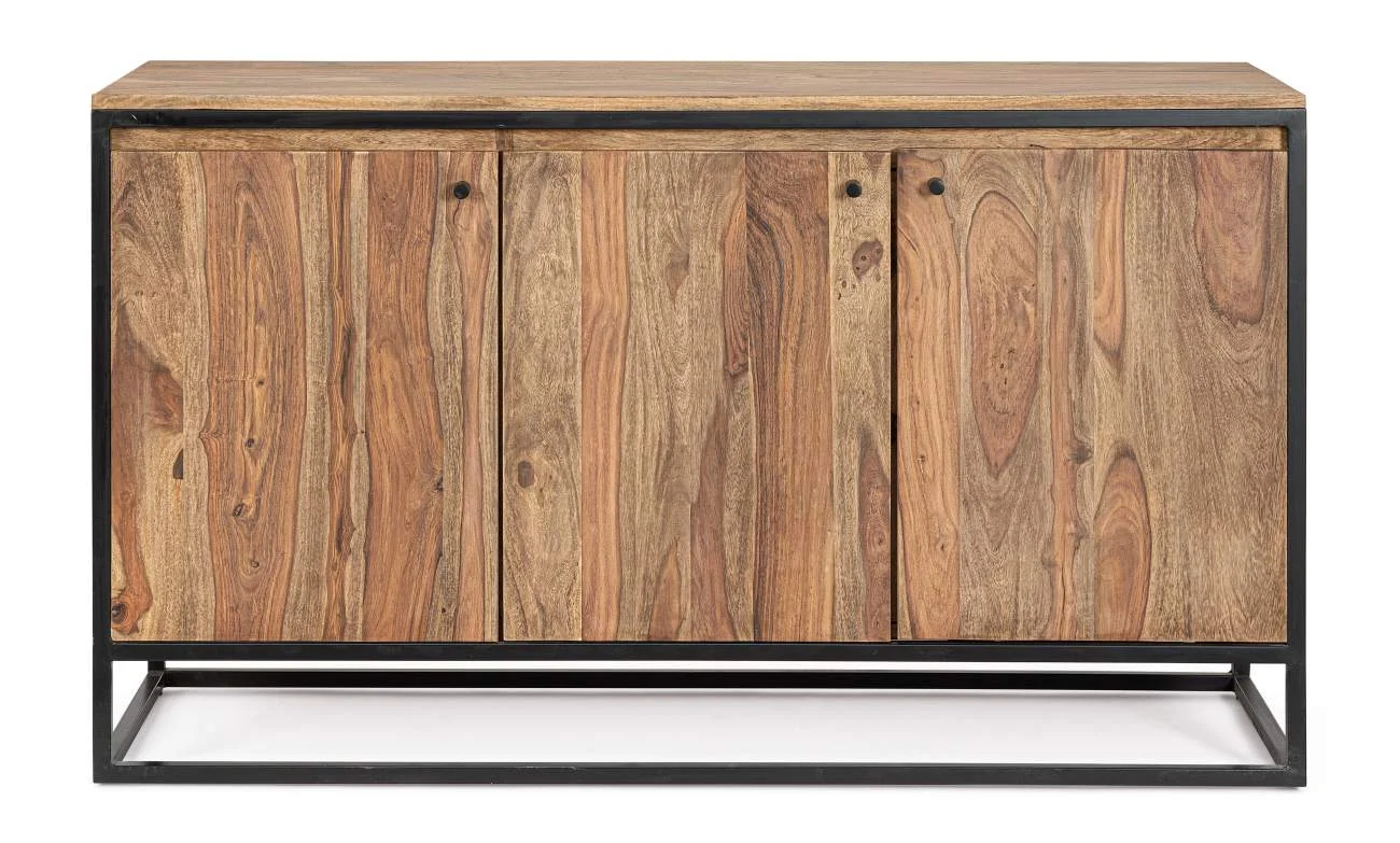 Sideboard aus Sheesham-Holz, modern massiv, Natur, 3 Türen, Gestell schwarz, von Bizzotto