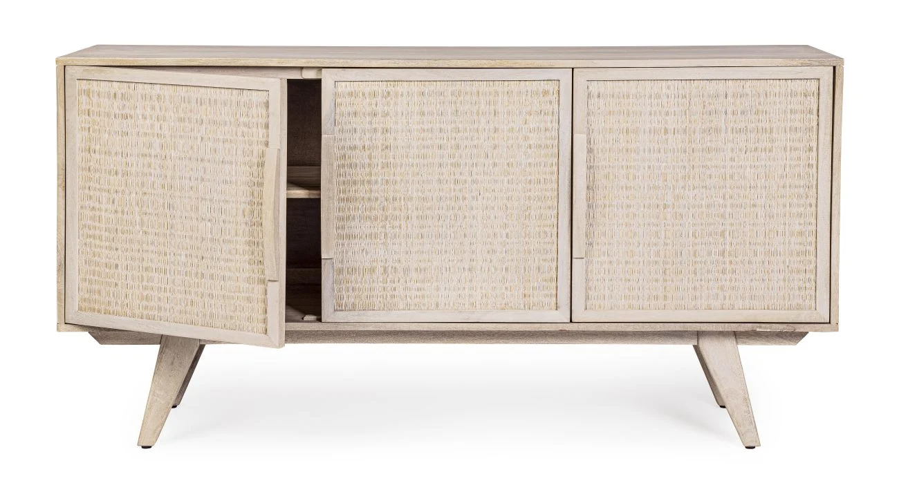Sideboard Sahana aus Mangoholz, skandinavisches Design, Rattan-Türen, natur, 3 Türen