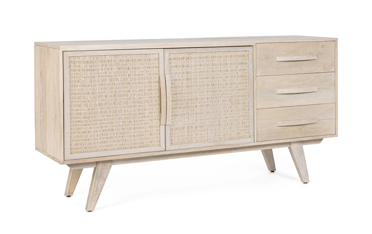 Sideboard Sahana aus Mangoholz, skandinavischer Stil, Natur, 2 Türen, Rattan-Details