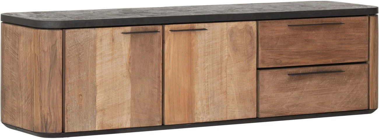 TV Board Soho hängend aus Teakholz, modern massiv, natur mit schwarzer Deckplatte, 150 cm - dtp Home