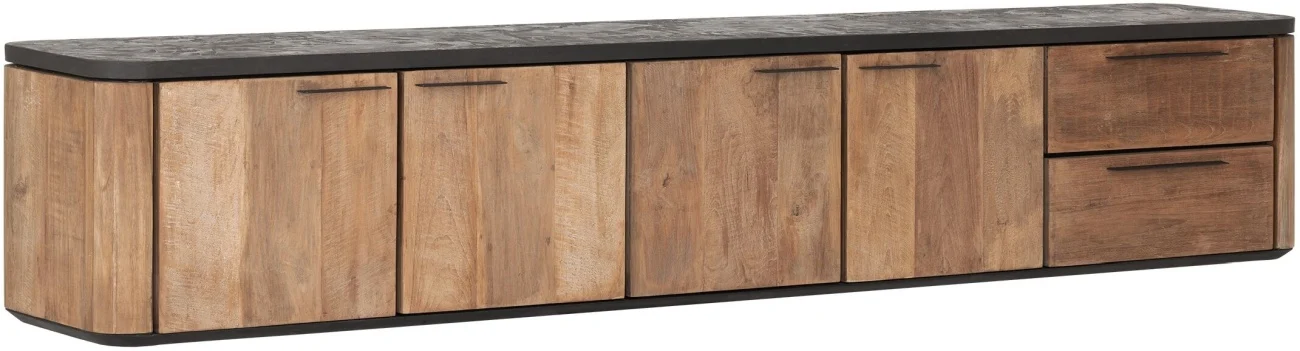 TV Board Soho aus Teakholz, modern und massiv, hängend, natur mit schwarz geölter Deckplatte, 230 cm - dtp Home