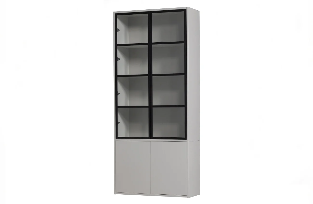 Vitrine Basic aus Kiefernholz, modern, 4 Türen mit Glas, hellgrau, push-to-open, soft-close