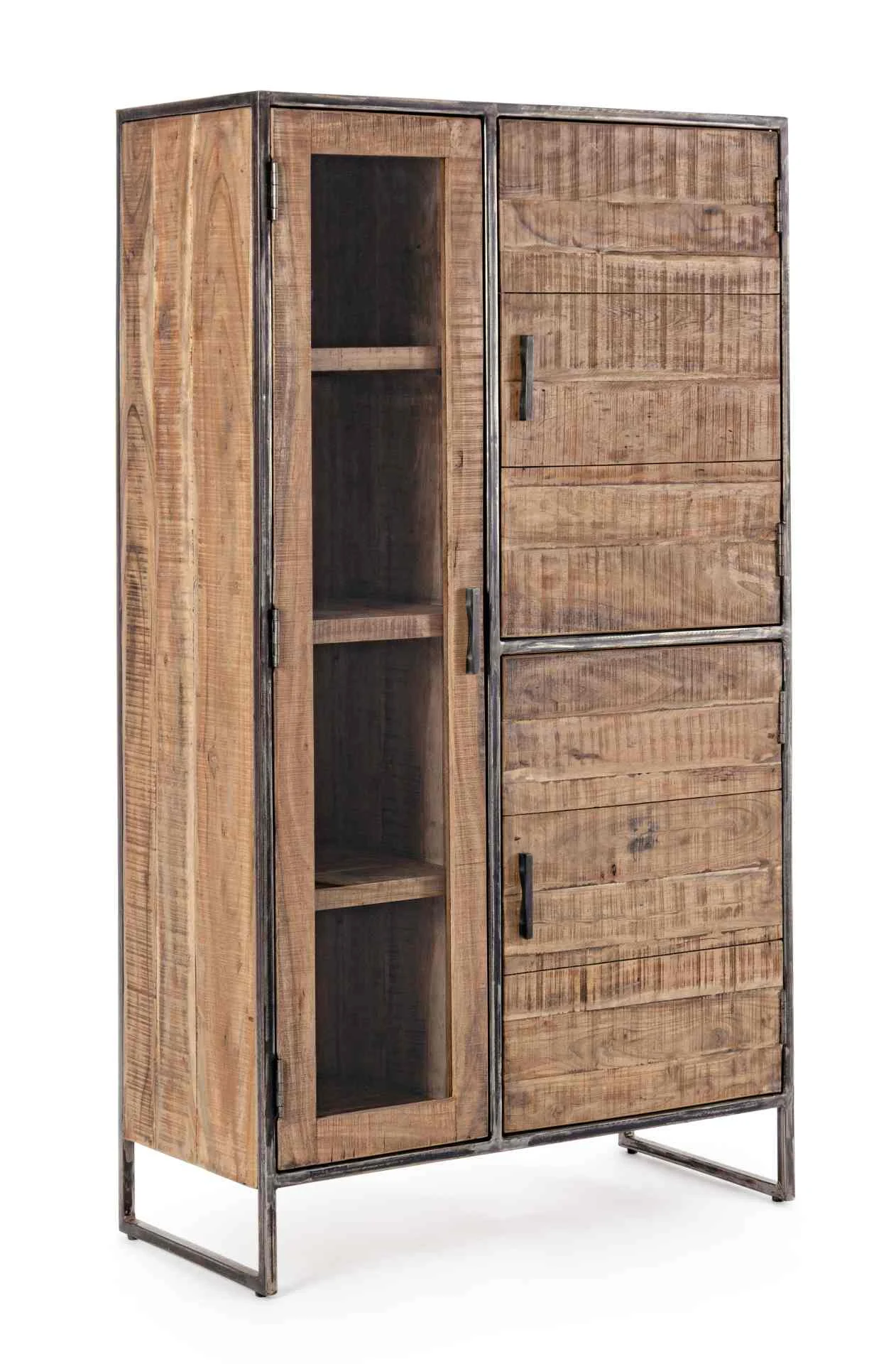 Highboard Elmer aus Akazienholz, klassisch, Natur, 3 Türen, Metallgestell in Grau - Bizzotto