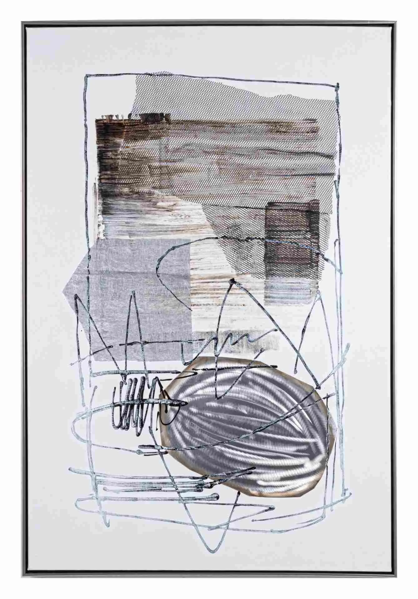 Bild Ölbild Wire No. 2, modernes Gewebebild mit Metallapplikationen, Grau, 82x122 cm - Bizzotto