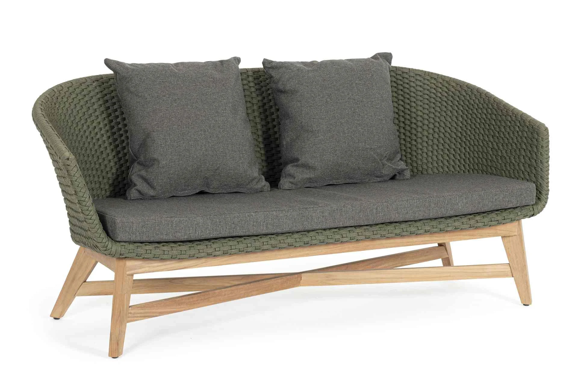 Gartensofa Coachella aus Teak und Aluminium, skandinavisch, grün, für 2 Personen, mit Kissen - Bizzotto