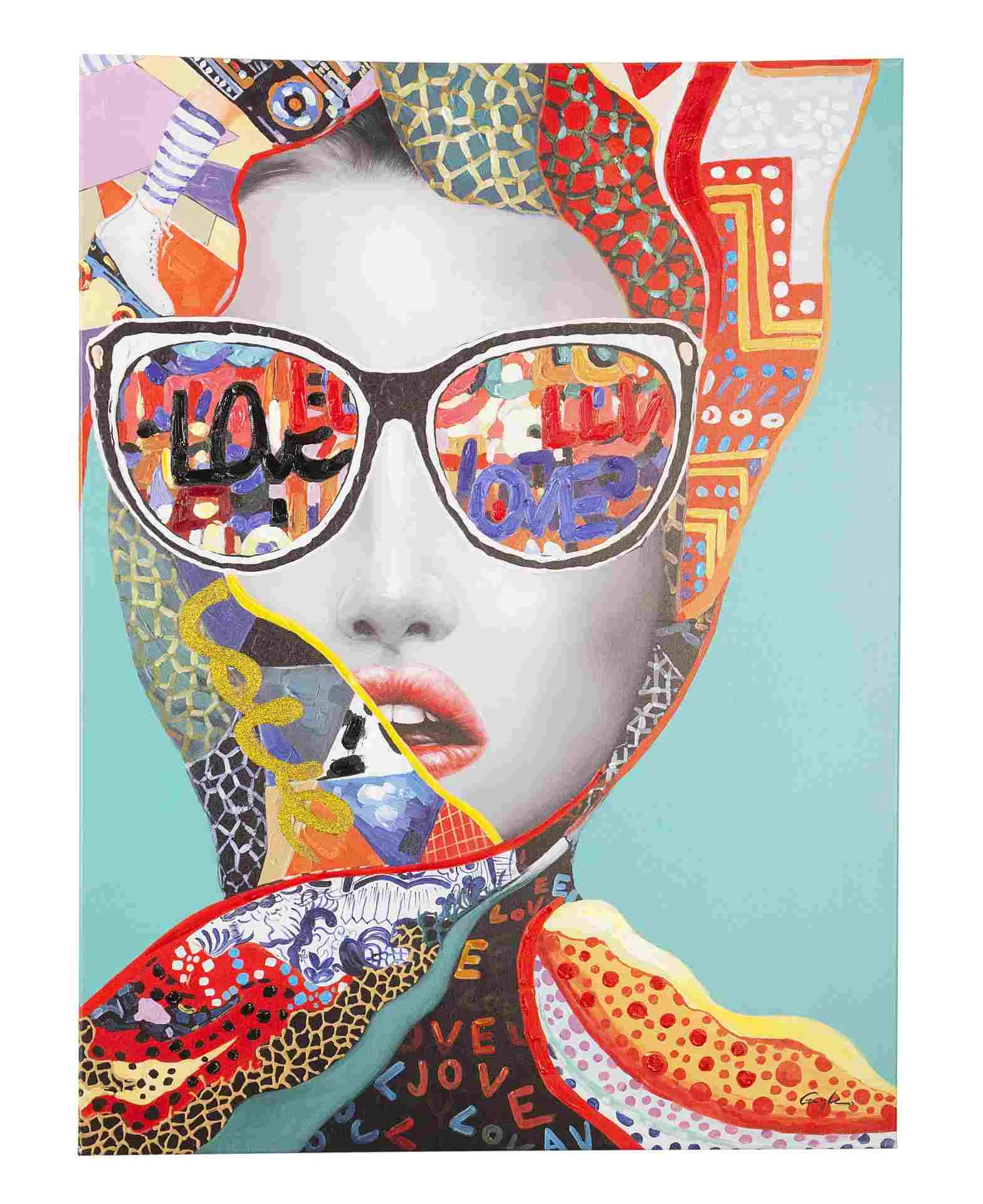 Bild Gemälde Funky Love, Leinwand auf Tannenholz, modern, bunt grün türkis, 90x120 cm - Bizzotto