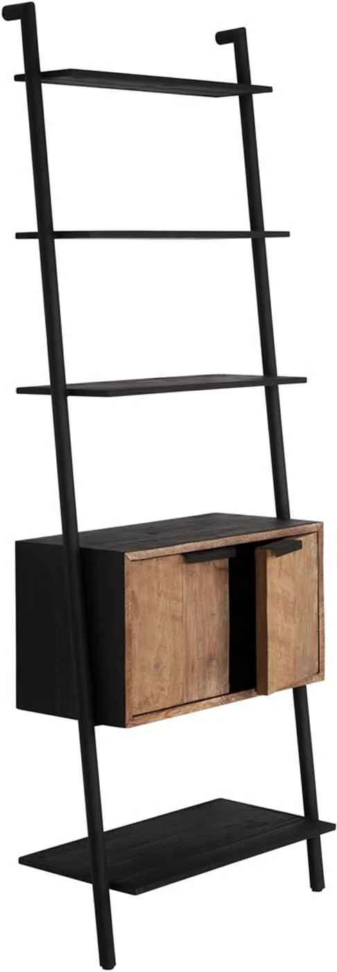 Regal Cosmo Teak und Metall, Industrial Design mit Klapptüren, natur schwarz, 70x35x200 cm - dtp Home