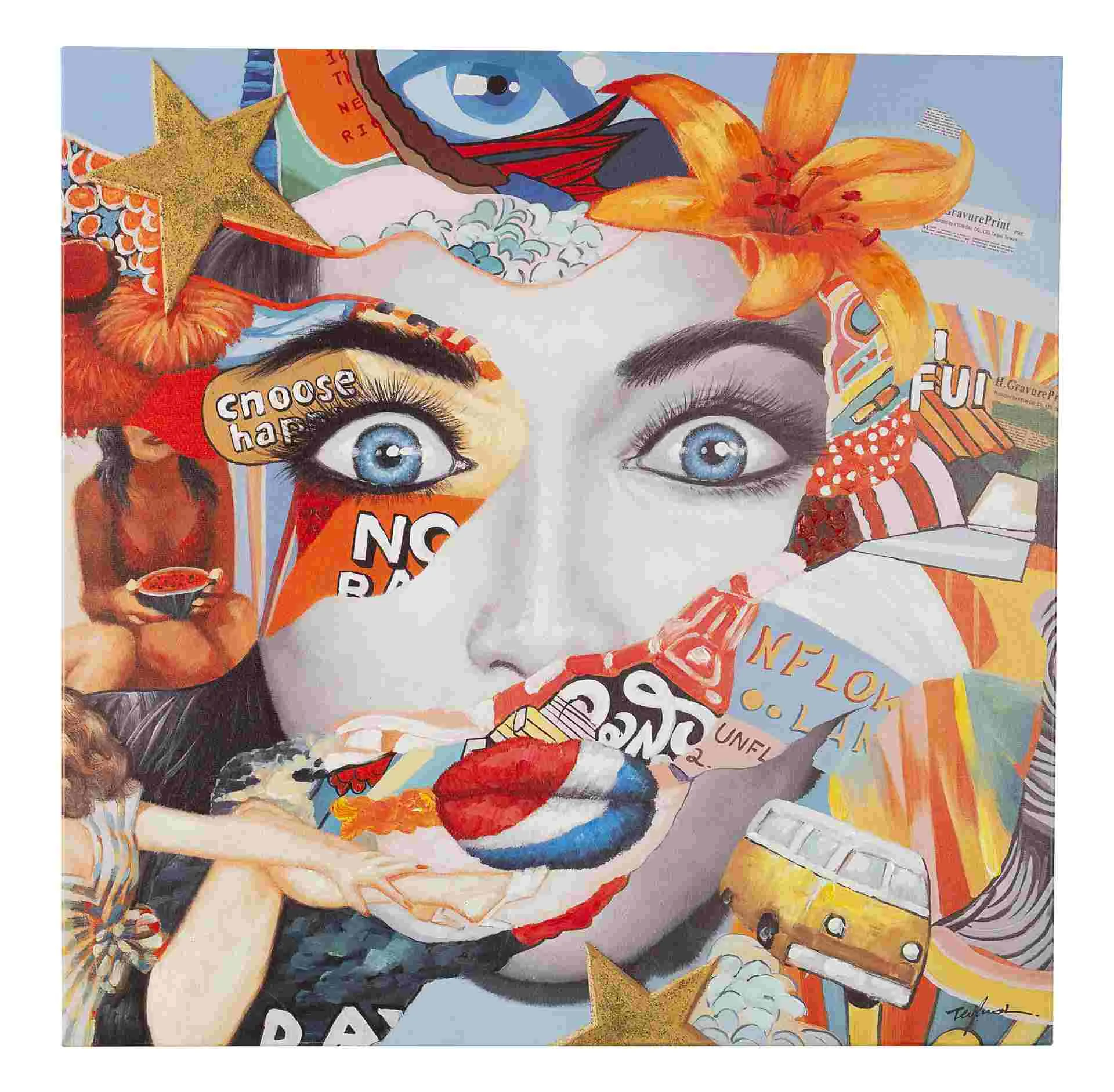 Bild Gemälde Funky Eyes, Leinwand auf Tannenholz, modern, rot, 100x100 cm, indoor - Bizzotto