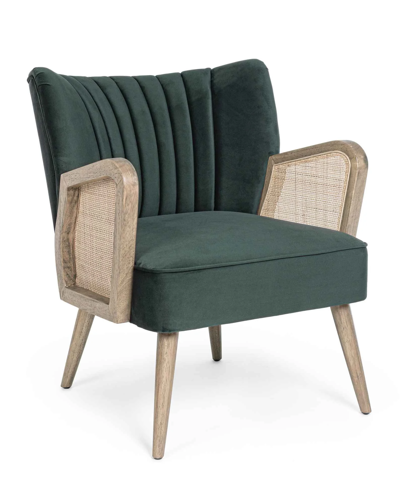 Sessel Virna aus Samt, modern skandinavisch, grün, Armlehnen mit Rattan-Einsatz, Bizzotto