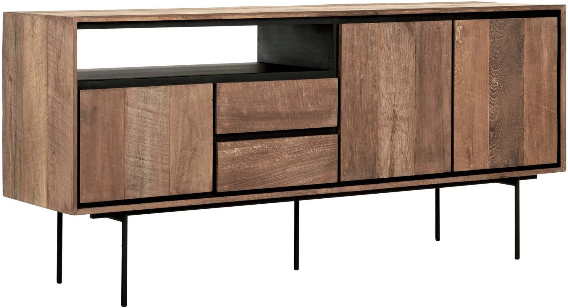Sideboard Metropole aus massivem Teakholz, Industrial Design, naturfarben, 3 Türen, Metallgestell - dtp Home