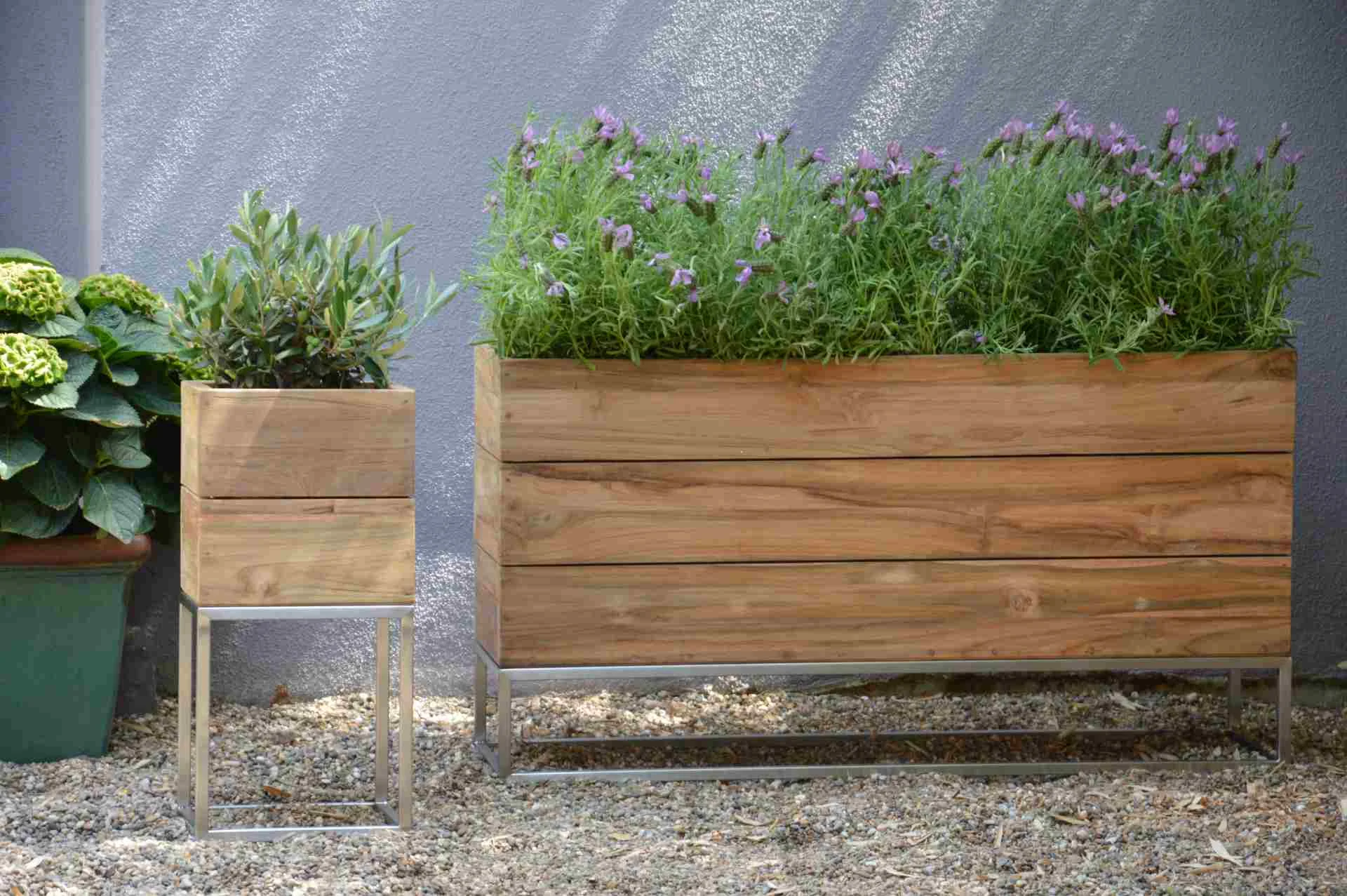 Pflanzenbehälter Teakholz und Edelstahl, modern, natur, für Outdoor, 100x25x53 cm - Jan Kurtz