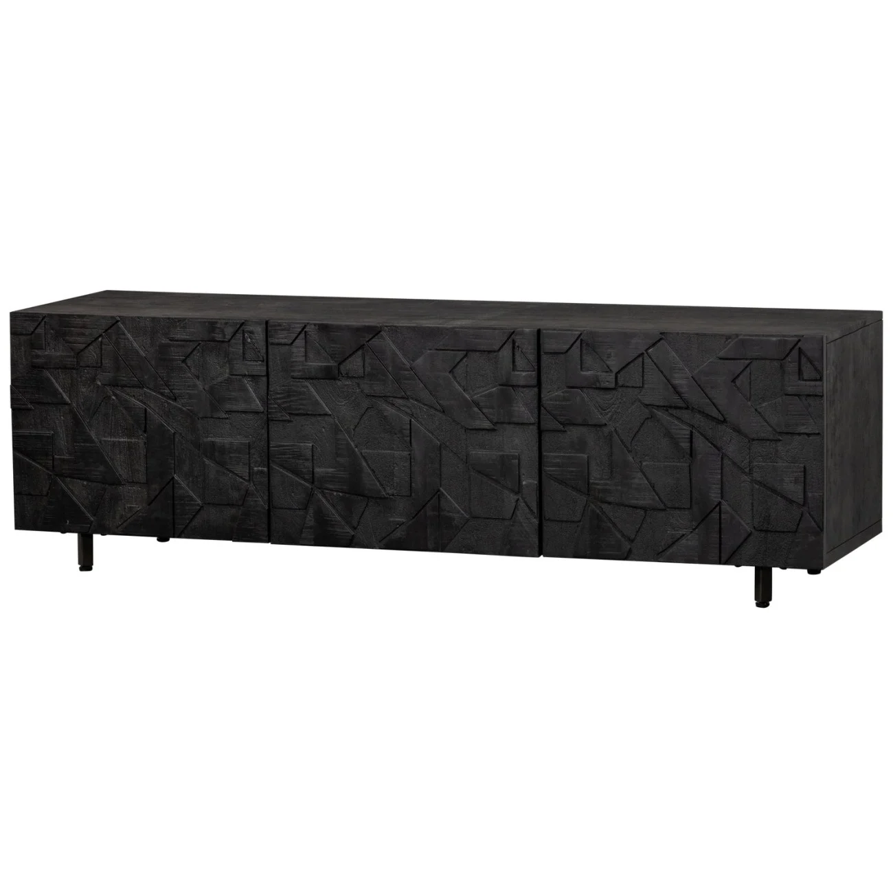 TV-Board aus Mangoholz, modernes Design mit Metallgestell, schwarz, 160 cm, Push-to-Open-System