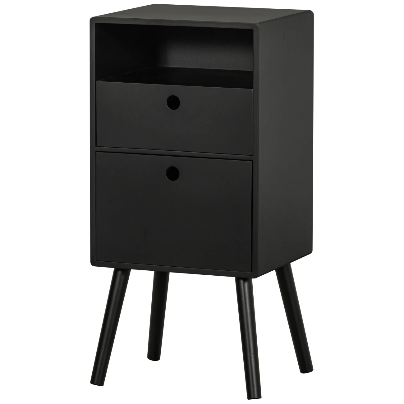 Nachttisch Ozzy aus Holz, modern, schwarz, lackiert, mit 2 Schubladen und offenem Fach - Woood