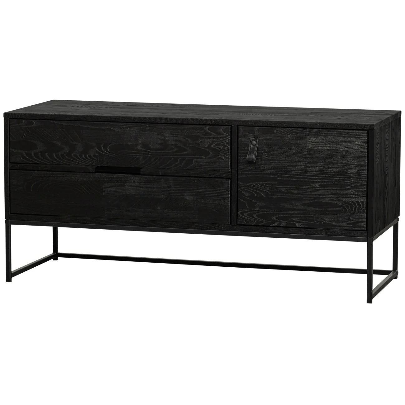 TV-Board Silas aus Kiefernholz, modern skandinavisch, schwarz, 120 cm, mit Schubladen und Tür