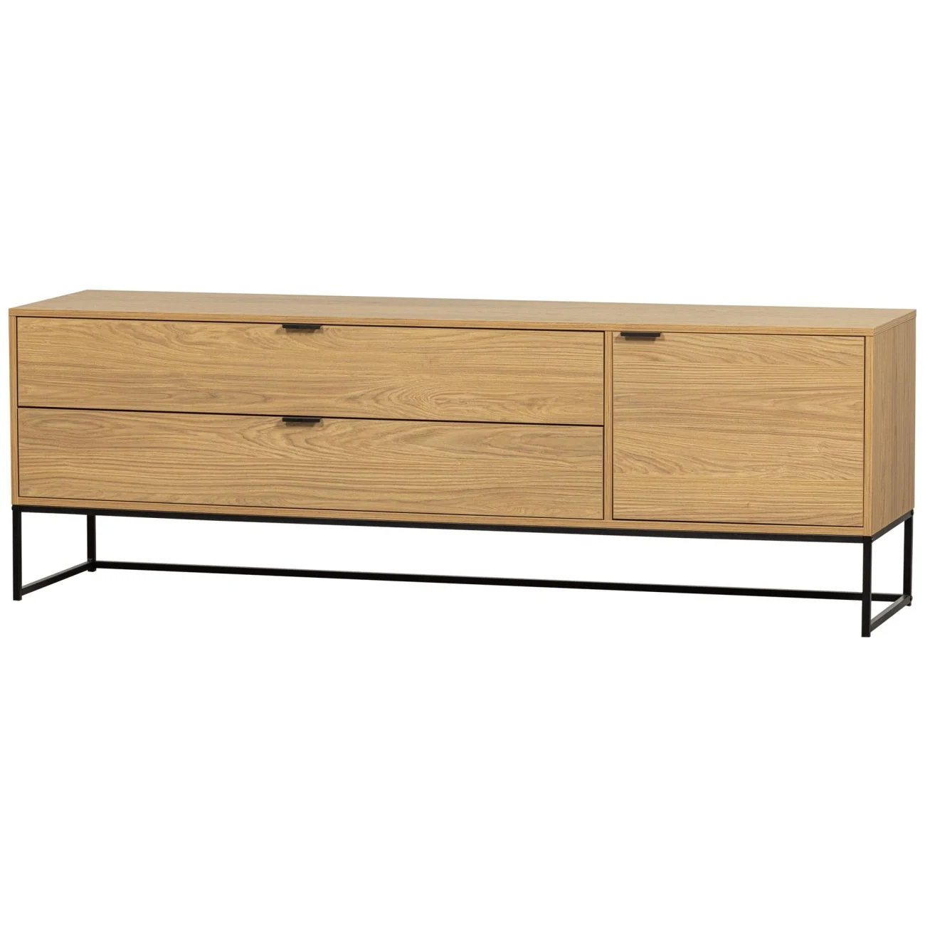 TV-Board Silas aus Eiche, modern skandinavisch, Natur, 180 cm, Metallgestell, mit Schubladen und Tür