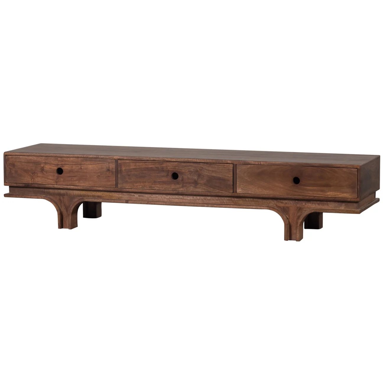 TV-Board Staes Mangoholz, Retro Chic Design, braun walnuss, 180 cm breit, 3 Schubladen