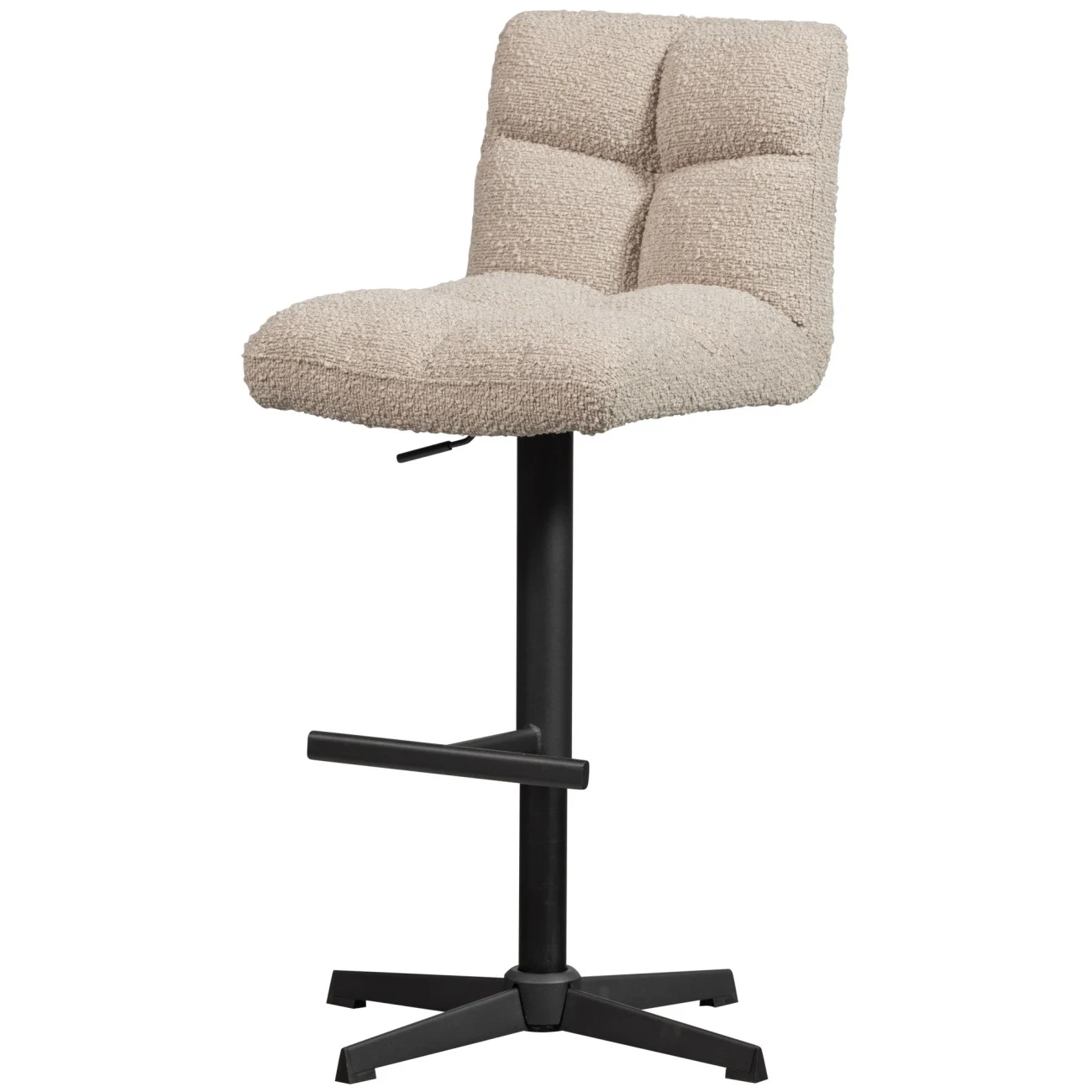 Barhocker Vinny Bouclé-Stoff, modern höhenverstellbar drehbar, Sand, schwarzes Metallgestell