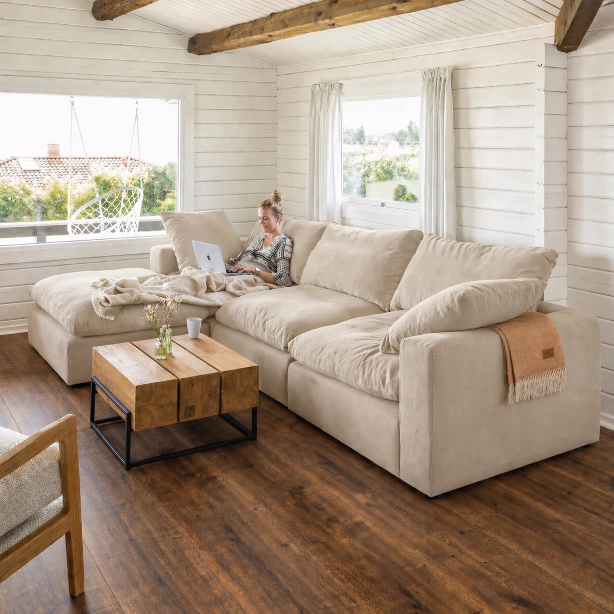 Lazy Modulsofa 3 Sitzer mit Chaiselongue Links, Stoff Shadow Linen - FASMAS