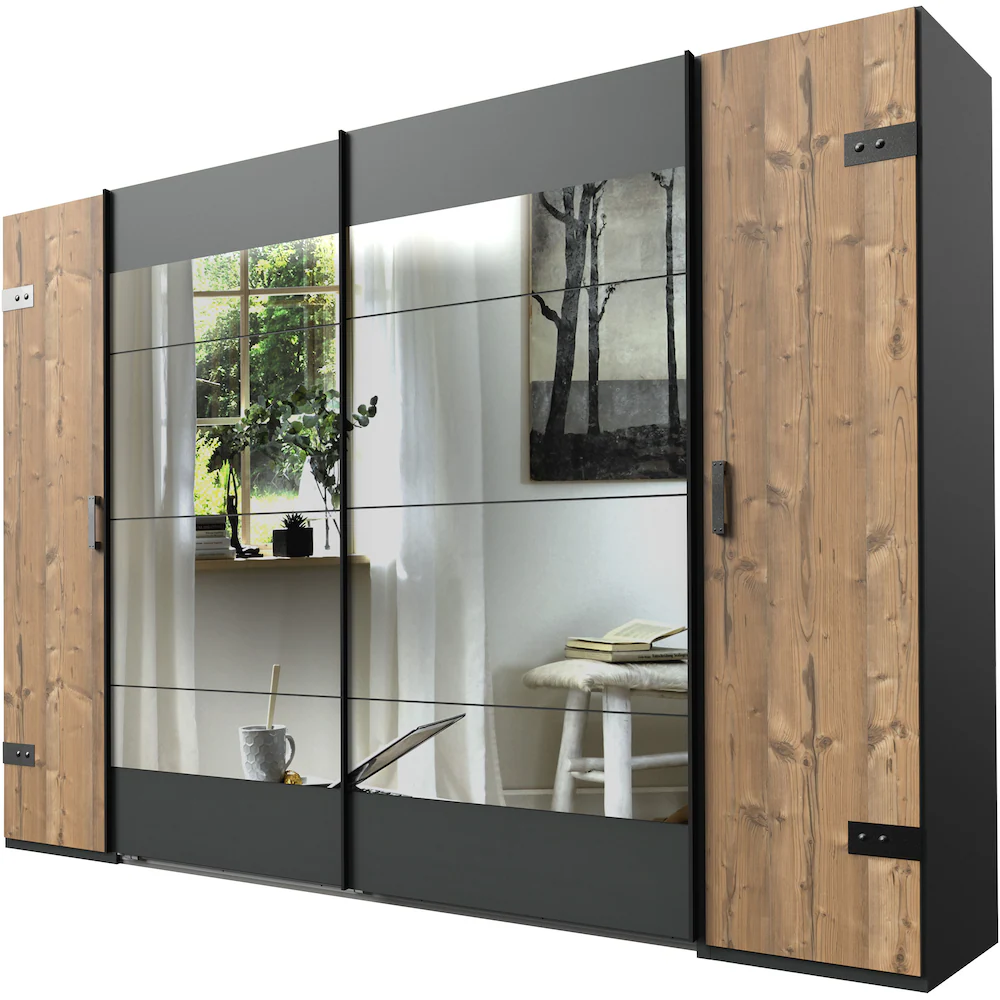 Wimex Stockholm Schwebetürenschrank Graphit/Silver Fir mit Spiegel 227 cm