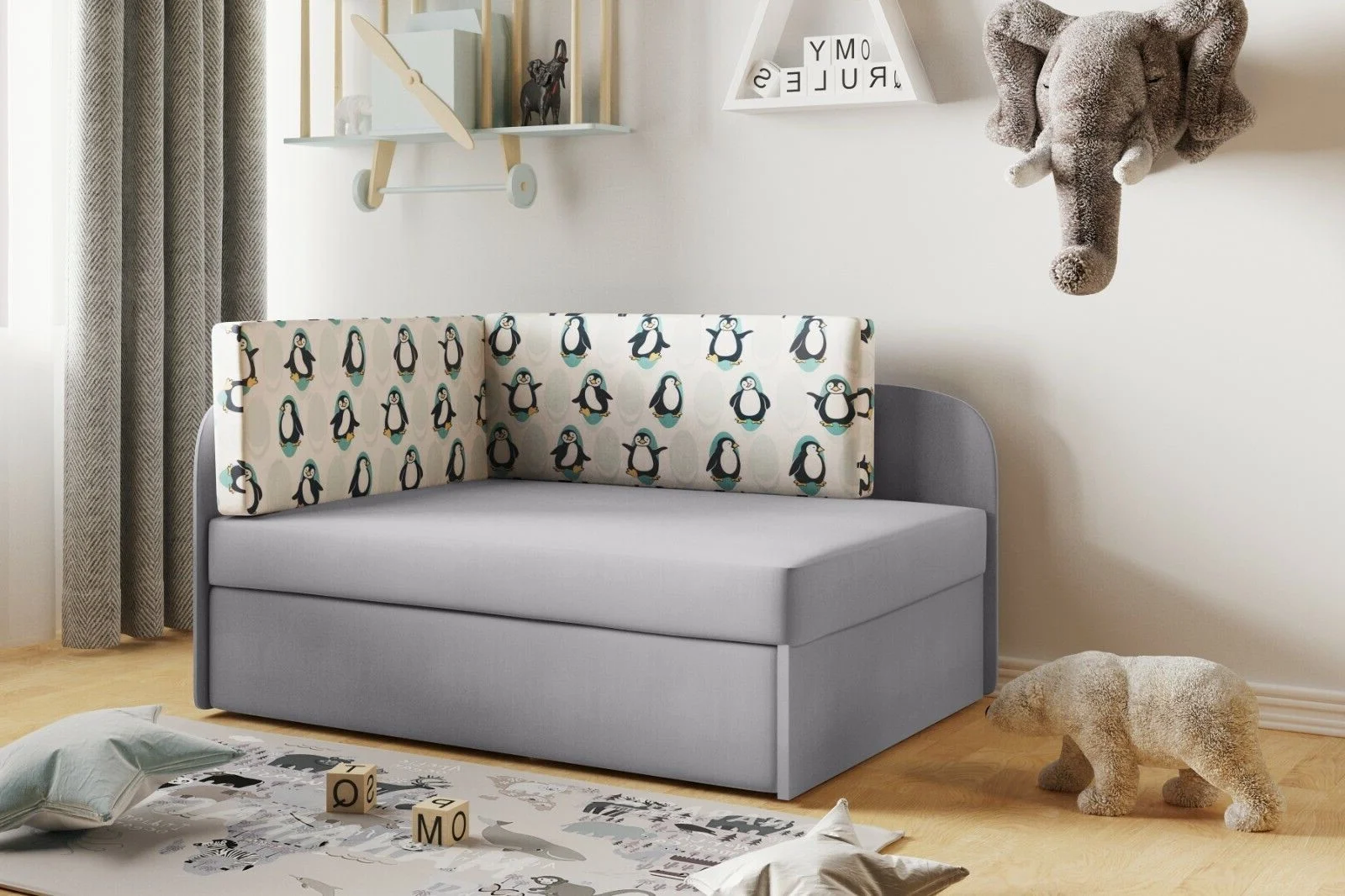 Kinderbett Kindersofa mit Schlaffunktion und Bettkasten, wachsendes Bett WINNIE Pinguin - Jugendbett