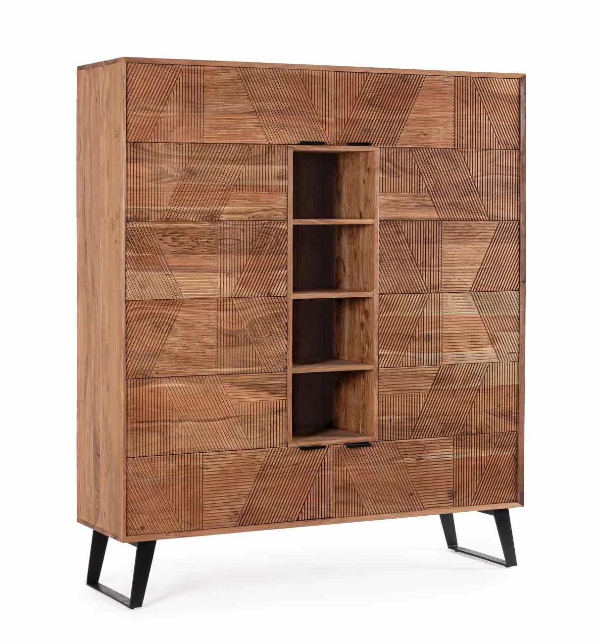 Highboard Isar aus Akazienholz, handgefertigte Schnitzereien, klassisch, natur, 145 cm breit - Bizzotto