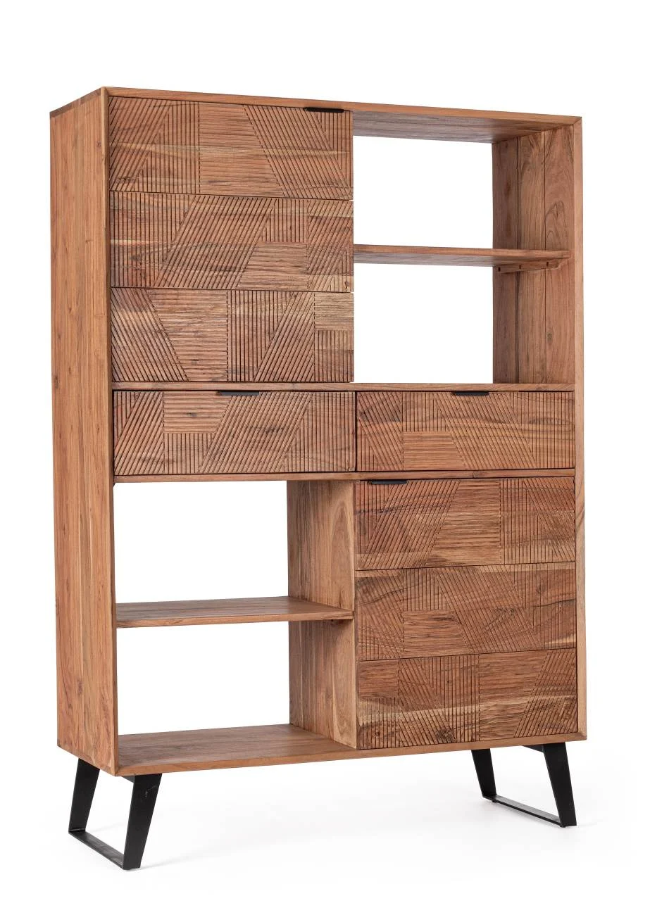 Highboard Isar aus Akazienholz, handgefertigte Schnitzereien, klassisch, natur, schwarzes Metallgestell - Bizzotto