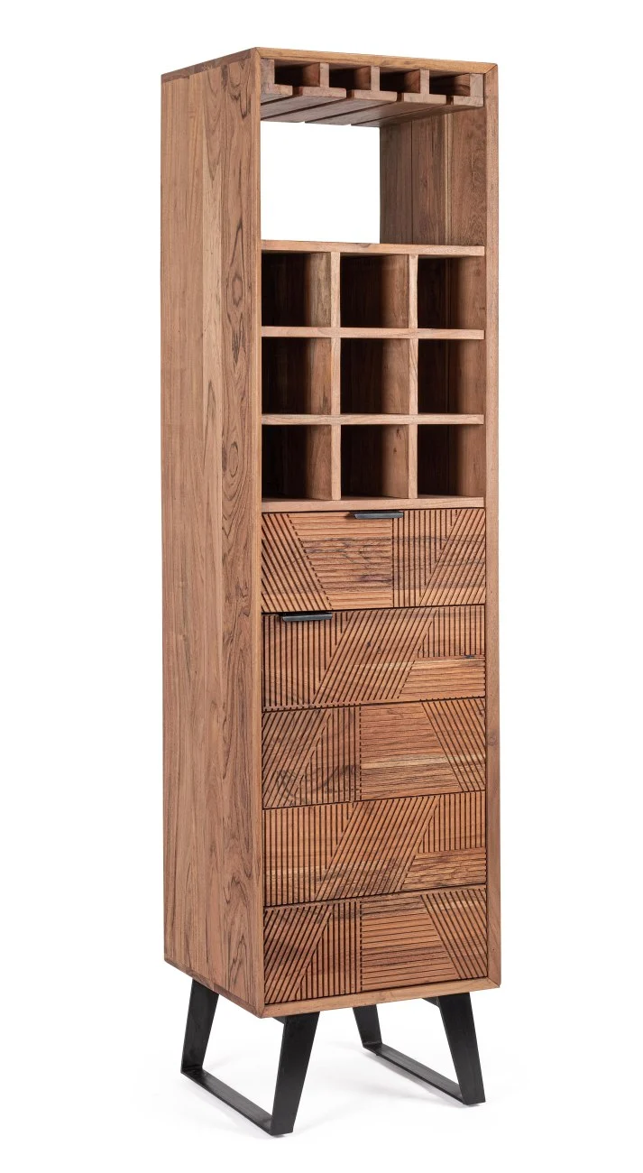 Barschrank Isar aus Akazienholz, klassisch handgefertigt, natur, 180 cm hoch, mit Schnitzereien - Bizzotto